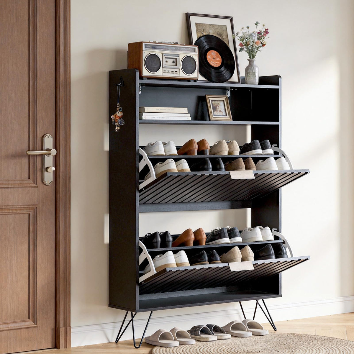 home Black Slim Shoe Storage Cabinet, Entryway Shoe Organizer