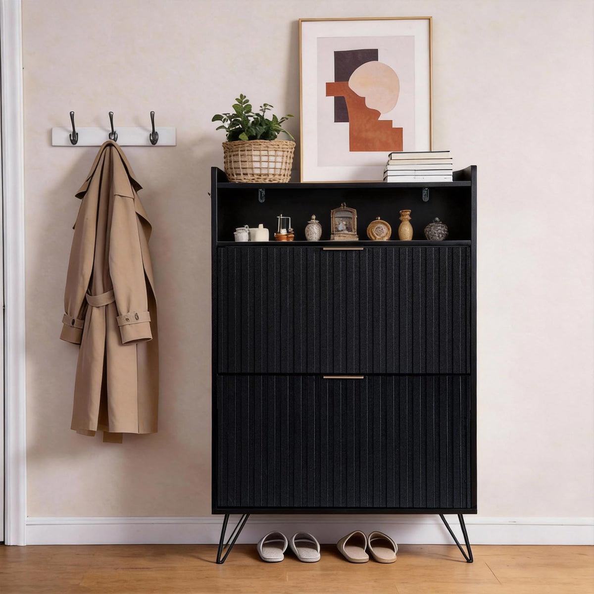 home Black Slim Shoe Storage Cabinet, Entryway Shoe Organizer