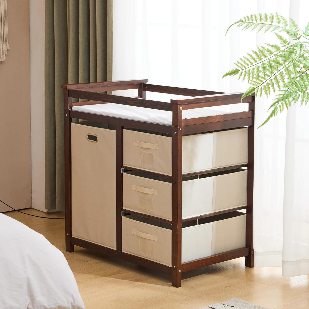 Modern Baby Changing Table with Laundry Hamper & 3 Drawers,