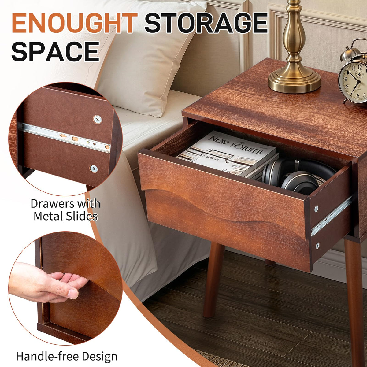 Brown Mid Century Modern Nightstand, Scandinavian Bedside Table