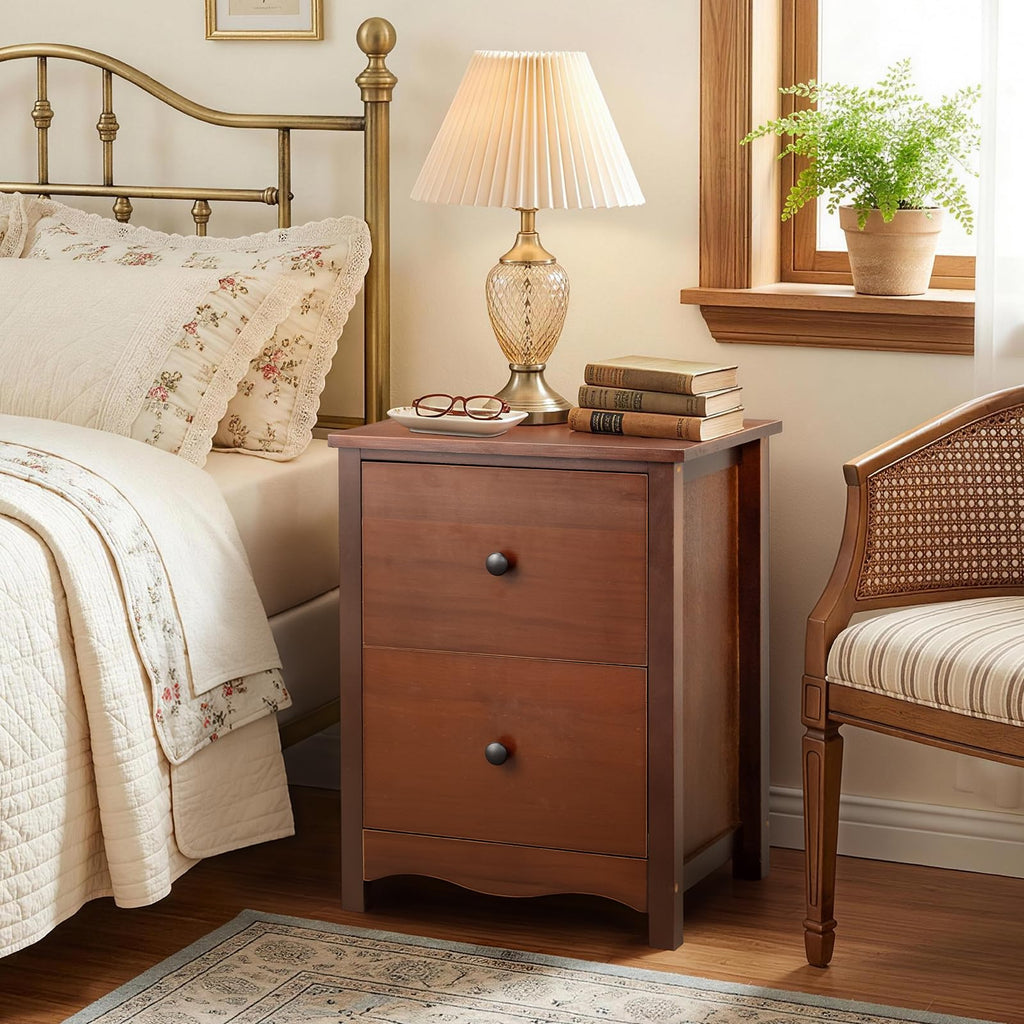 Natural Wood Farmhouse Nightstand, 2 Drawer Bedroom