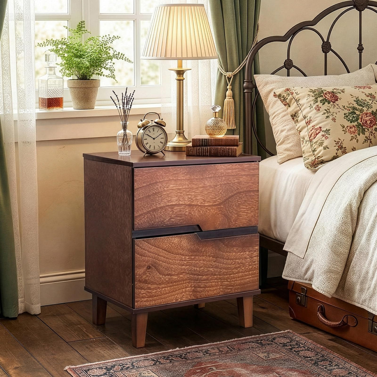 Natural Wood Farmhouse Nightstand, 2 Drawer Bedroom