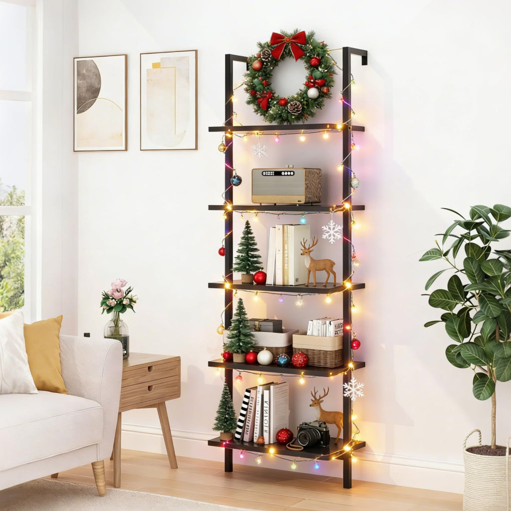 White 5 Tier Wall Mount Ladder Shelf, Metal Frame Bookcase