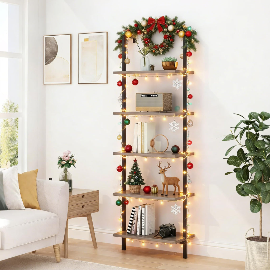White 5 Tier Wall Mount Ladder Shelf, Metal Frame Bookcase