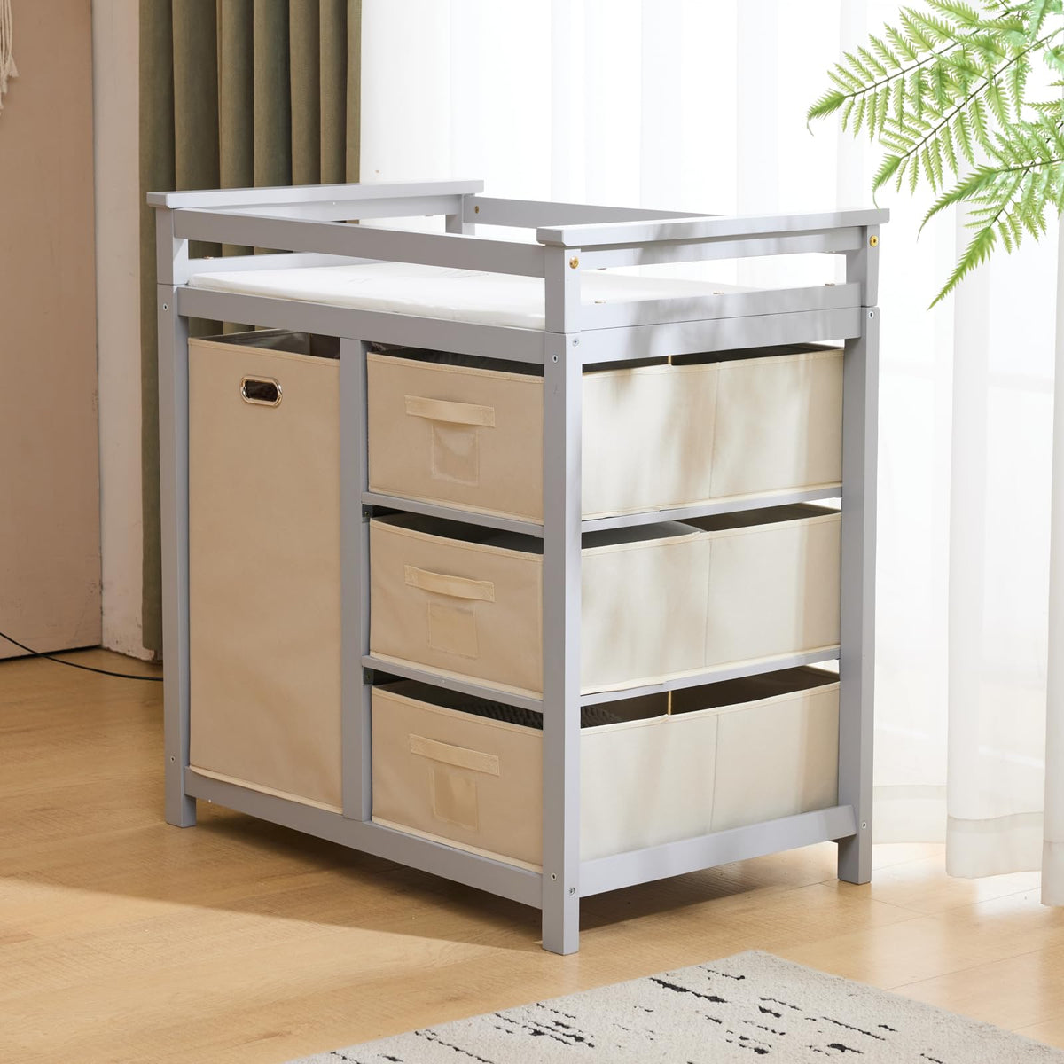 Modern Baby Changing Table with Laundry Hamper & 3 Drawers,