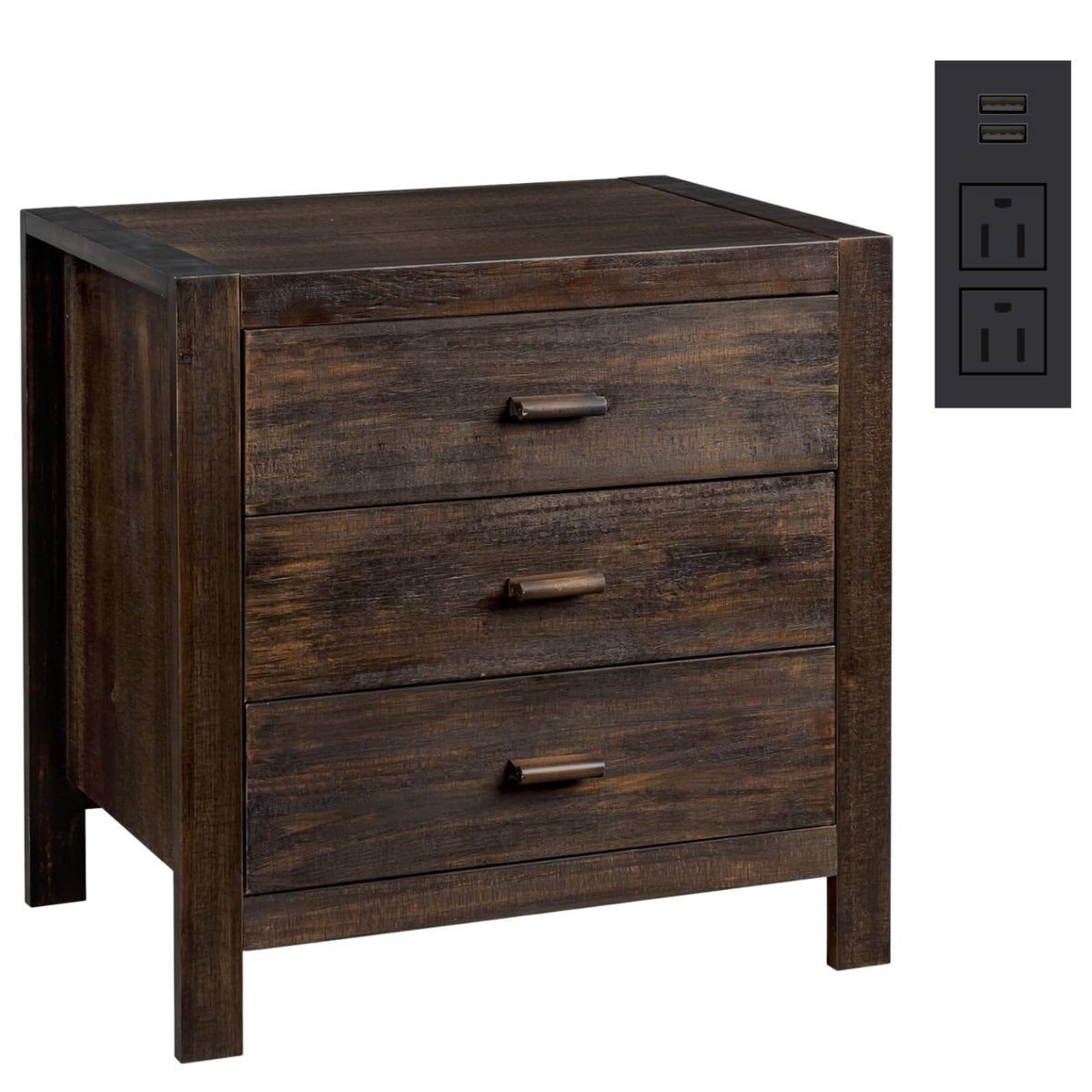 Brown Farmhouse Nightstand with 3 Drawers & USB Charging Station