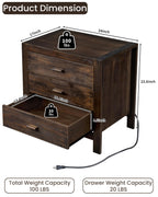 Brown Farmhouse Nightstand with 3 Drawers & USB Charging Station