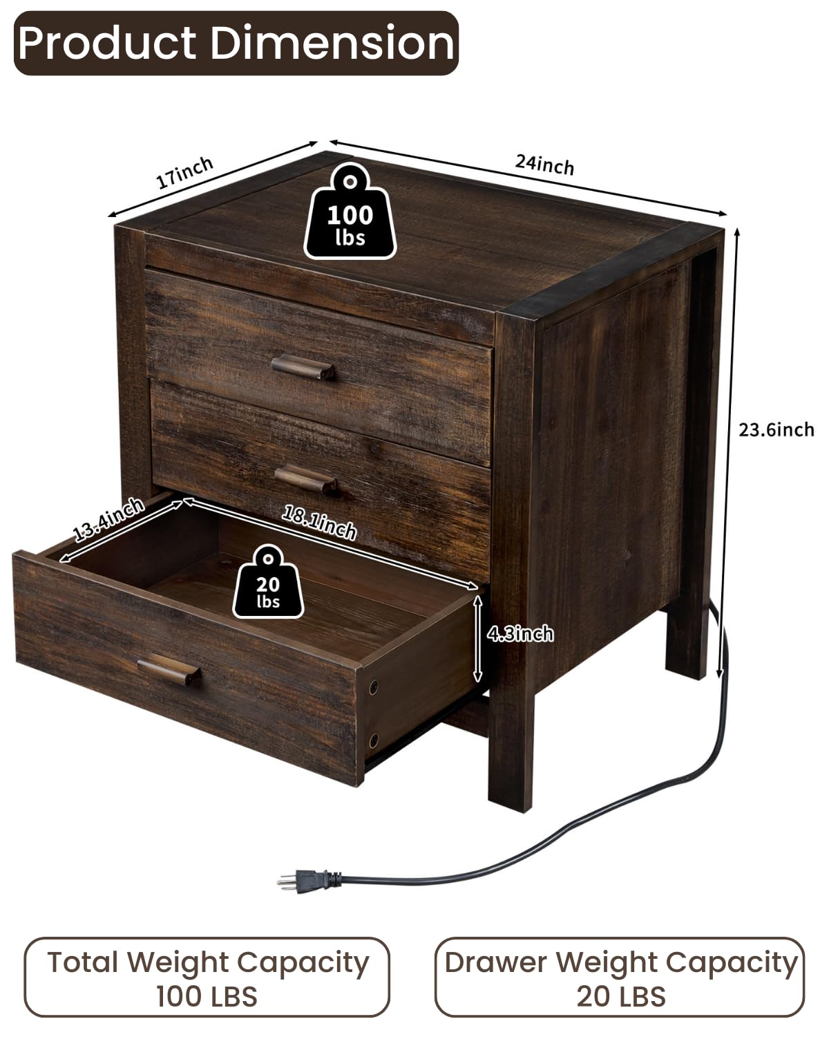 Brown Farmhouse Nightstand with 3 Drawers & USB Charging Station