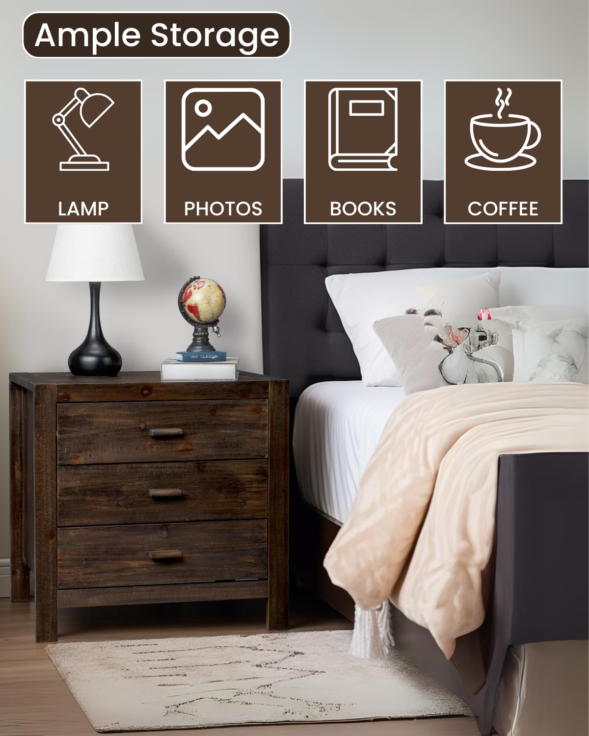 Brown Farmhouse Nightstand with 3 Drawers & USB Charging Station