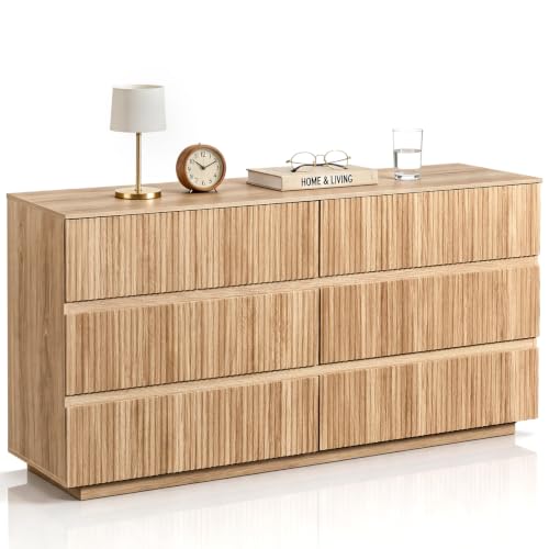 Natural Oak 6 Drawer Fluted Dresser, Modern Storage Chest