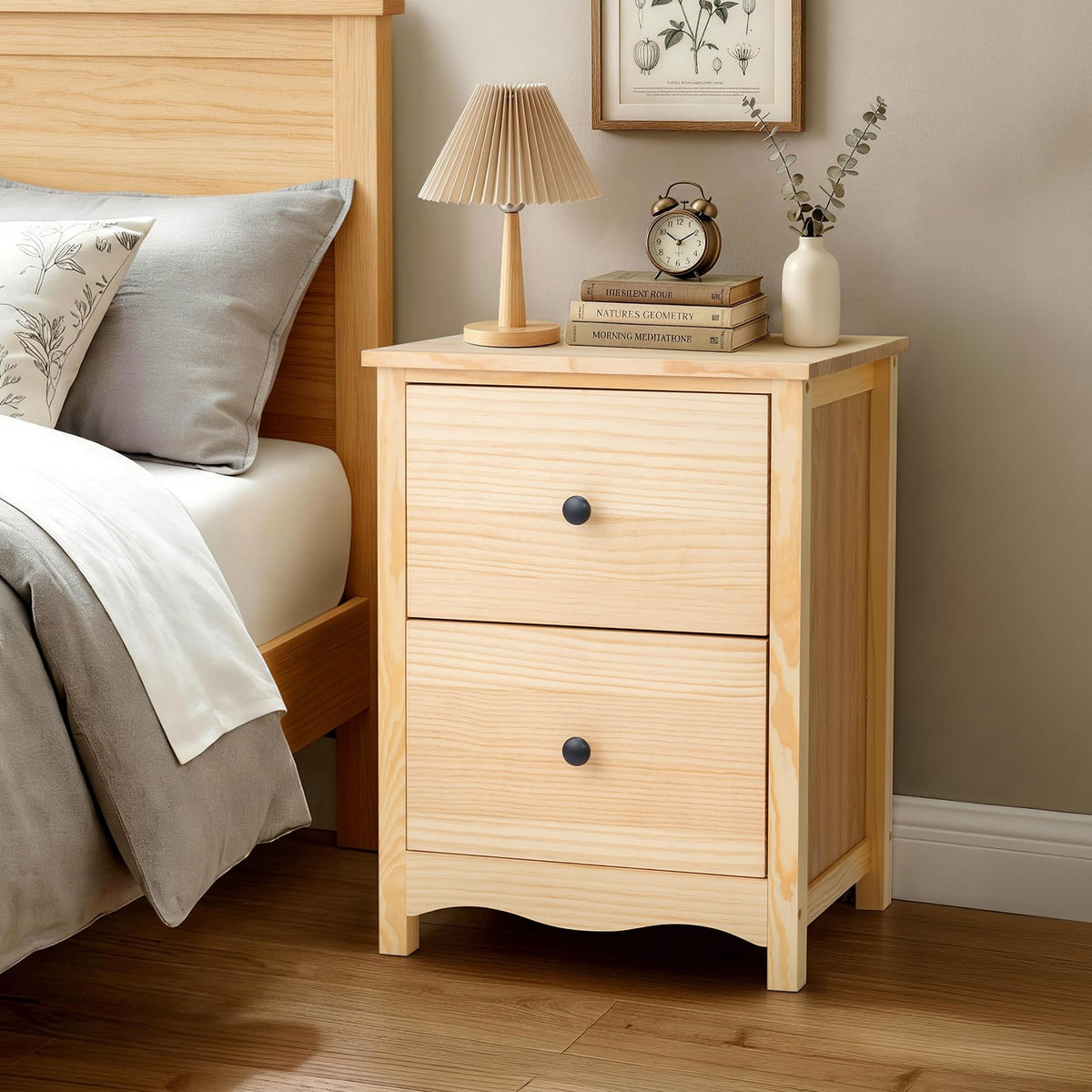 Natural Wood Farmhouse Nightstand, 2 Drawer Bedroom