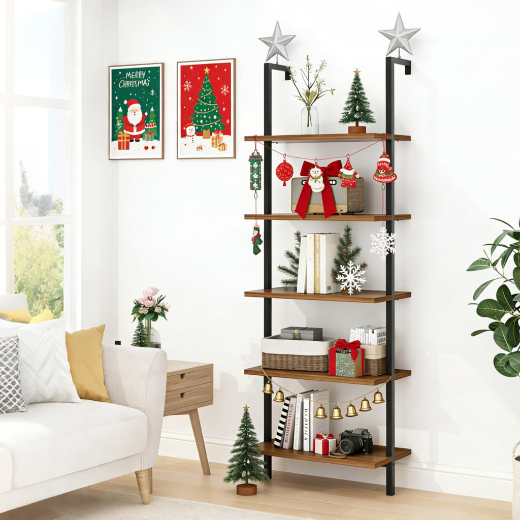 White 5 Tier Wall Mount Ladder Shelf, Metal Frame Bookcase
