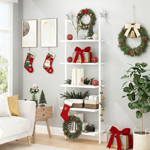 White 5 Tier Wall Mount Ladder Shelf, Metal Frame Bookcase