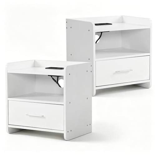 White Nightstands Set of 2, 2 USB Charging Bedside Table