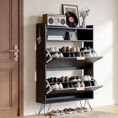 home Black Slim Shoe Storage Cabinet, Entryway Shoe Organizer