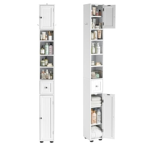 home White Narrow Floor Storage Cabinet, Freestanding 1 Drawers & 2 Doors,