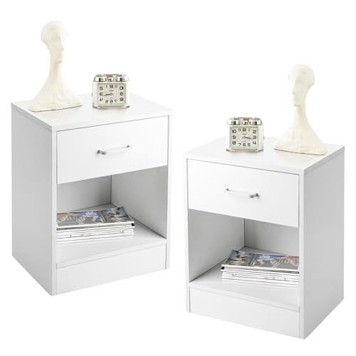 White Nightstands Set of 2, 2 USB Charging Bedside Table