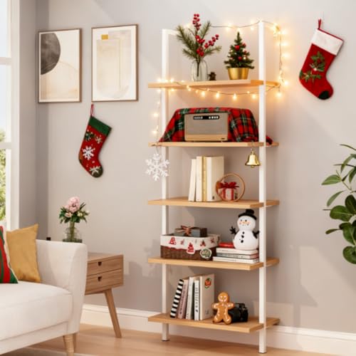 White 5 Tier Wall Mount Ladder Shelf, Metal Frame Bookcase