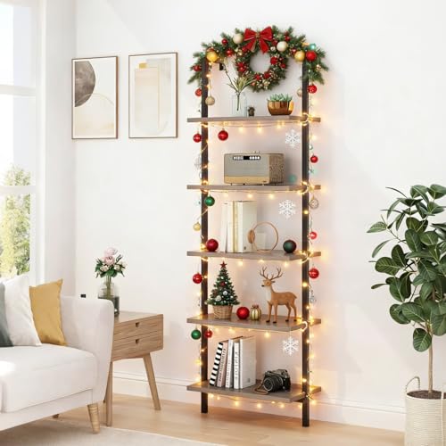 White 5 Tier Wall Mount Ladder Shelf, Metal Frame Bookcase