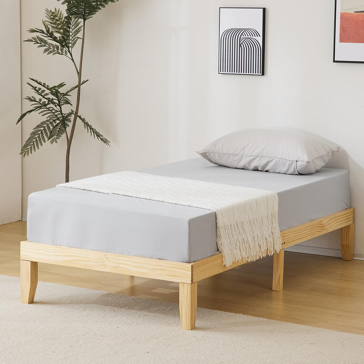 home 12 Inches Wood Platform Bed Frame, Twin, Natural