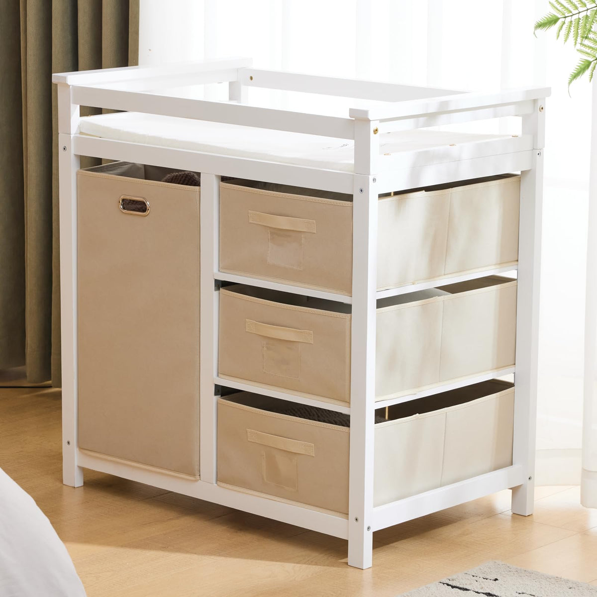 Modern Baby Changing Table with Laundry Hamper & 3 Drawers,
