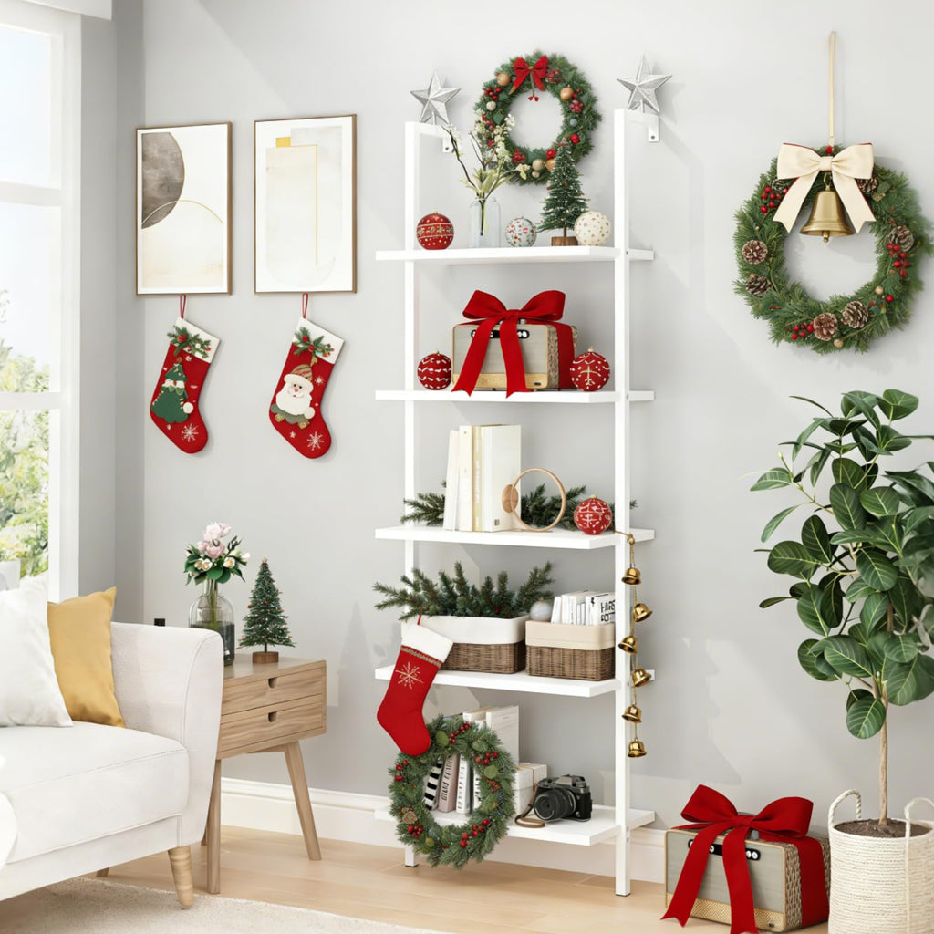 White 5 Tier Wall Mount Ladder Shelf, Metal Frame Bookcase