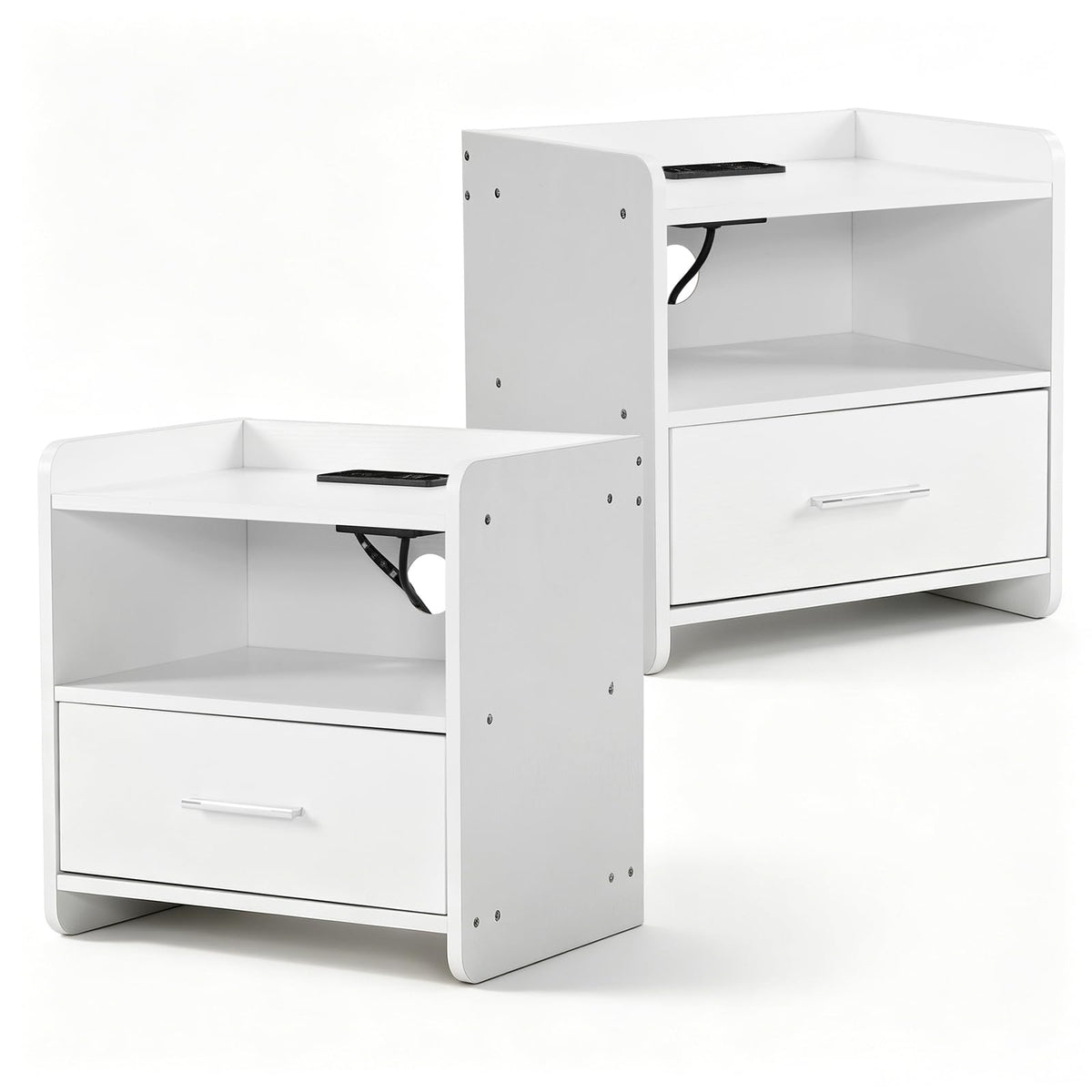White Nightstands Set of 2, 2 USB Charging Bedside Table